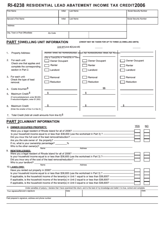 Form Ri-6238 - Residential Lead Abatement Income Tax Credit - 2006 Printable pdf