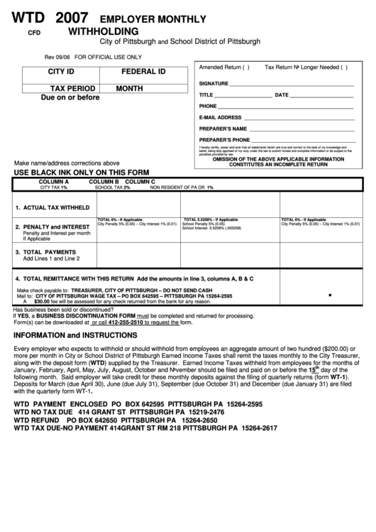 Form Wtd - Employer Monthly Withholding - City Of Pittsburgh - 2007 Printable pdf