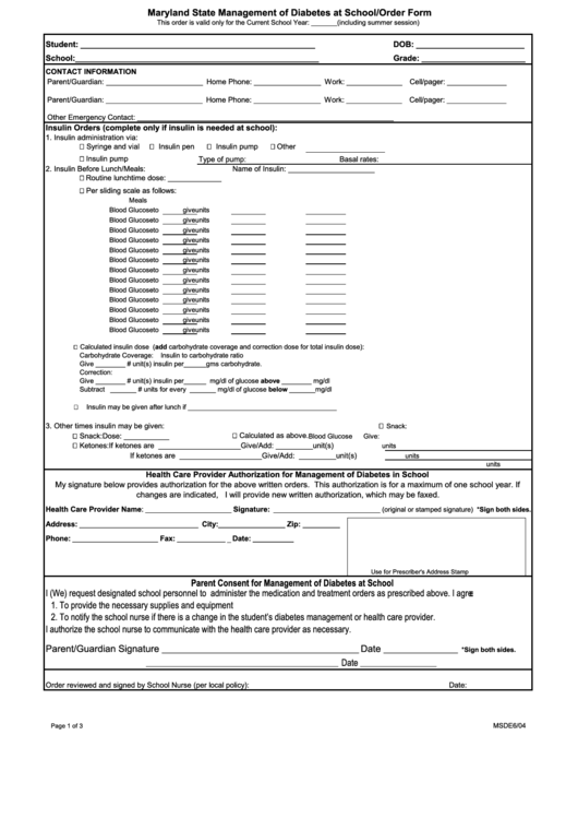 Maryland State Management Of Diabetes At School/order Form - 2004 Printable pdf