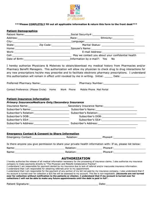 Patient Information Form printable pdf download