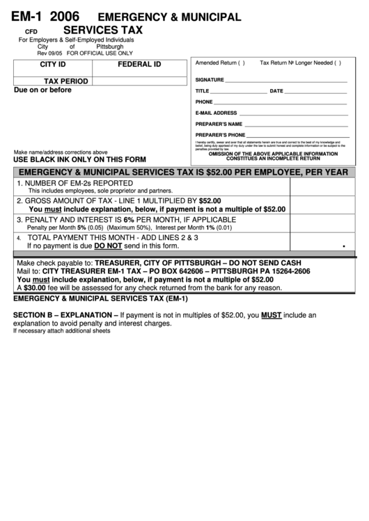 Form Em-1 Emergency & Municipal Services Tax 2006 Printable pdf