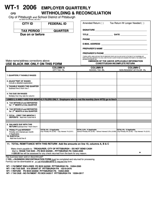 Form Wt-1 - Employer Quarterly Withholding & Reconciliation - 2006 Printable pdf