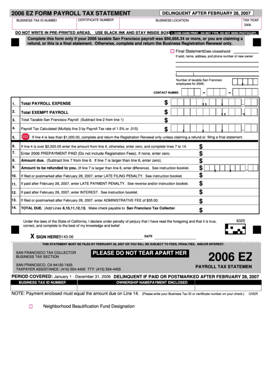 Fillable Ez Form Payroll Tax Statement - San Francisco Tax Collector - 2006 Printable pdf