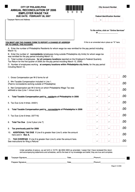 Annual Reconciliation Of 2006 Employer Wage Tax Form - City Of Philadelphia Printable pdf