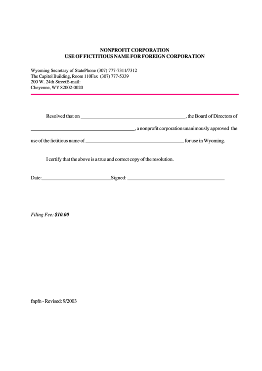 Fillable Nonprofit Corporation Use Of Fictitious Name For Foreign Corporation Form Printable pdf