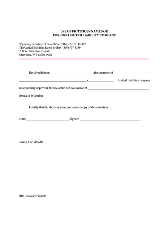 Fillable Use Of Fictitious Name For Foreign Limited Liability Company Form Printable pdf