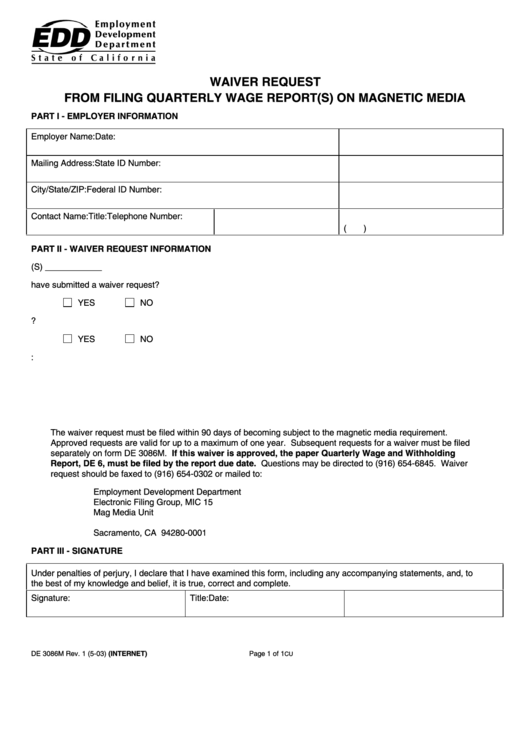 Fillable Form De 3086m Waiver Request From Filing Quarterly Wage Reports On Magnetic Media Printable pdf