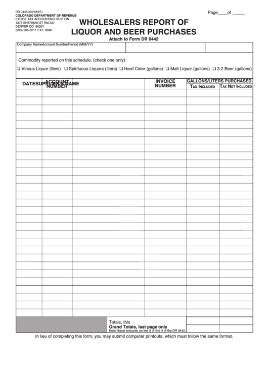 Form Dr 0445 Wholesalers Report Of Liquor And Beer Purchases Printable pdf