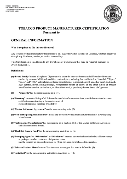 Form Dr 0231 - Tobacco Product Manufacturer Certification Printable pdf