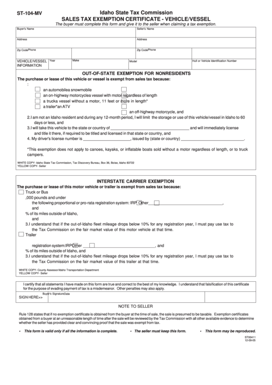 Fillable Form St-104-Mv - Sales Tax Exemption Certificate - Vehicle/vessel 2005 Printable pdf