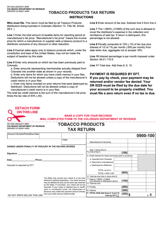 Form Dr 0229 Tobacco Products Tax Return Printable pdf