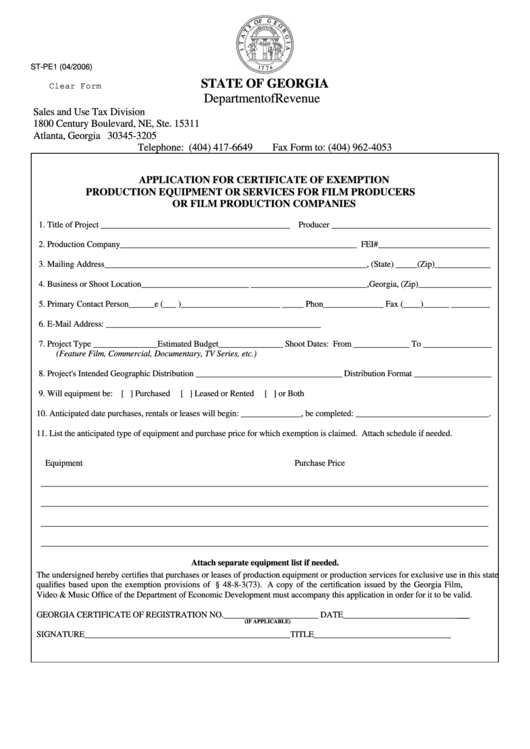 Fillable Form St-Pe1 Application For Certificate Of Exemption Production Equipment Or Services For Film Producers Or Film Production Companies Printable pdf
