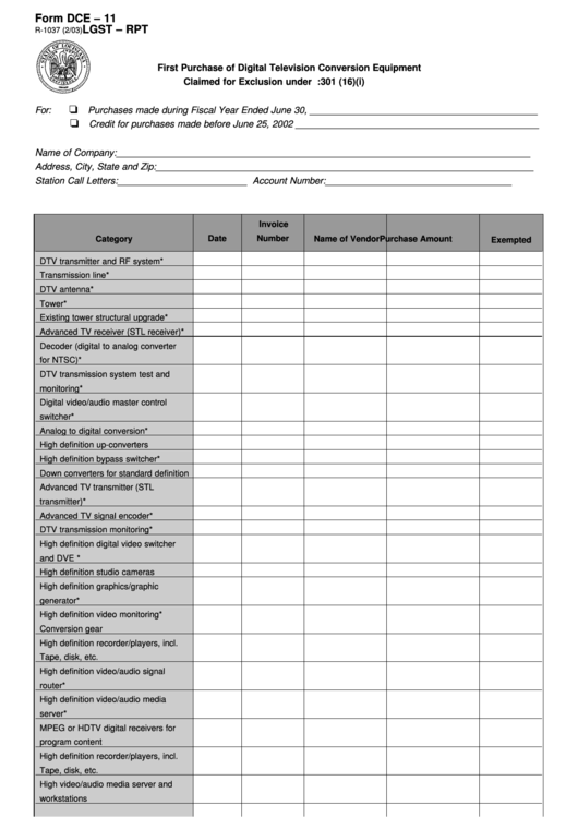 Fillable Form Dce - 11 First Purchase Of Digital Television Conversion Equipment Printable pdf