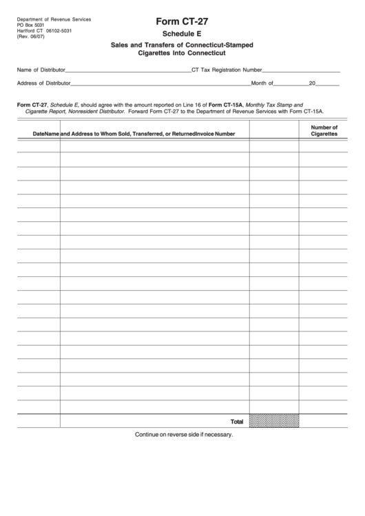 Form Ct-27 - Schedule E - Sales And Transfers Of Connecticut-Stamped Cigarettes Into Connecticut - 2007 Printable pdf