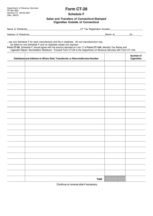 Form Ct-28 - Schedule F - Sales And Transfers Of Connecticut-Stamped Cigarettes Outside Of Connecticut - 2007 Printable pdf