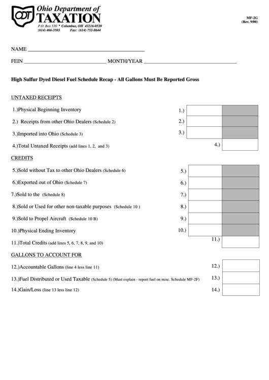 Form Mf-2g - High Sulfur Dyed Diesel Fuel Schedule Recap Printable pdf