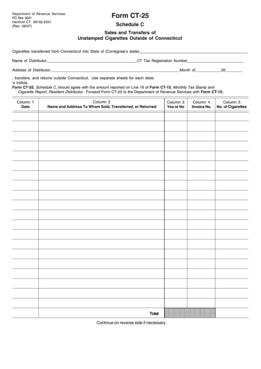 Form Ct-25 Schedule C - Sales And Transfers Of Unstamped Cigarettes Outside Of Connecticut Printable pdf