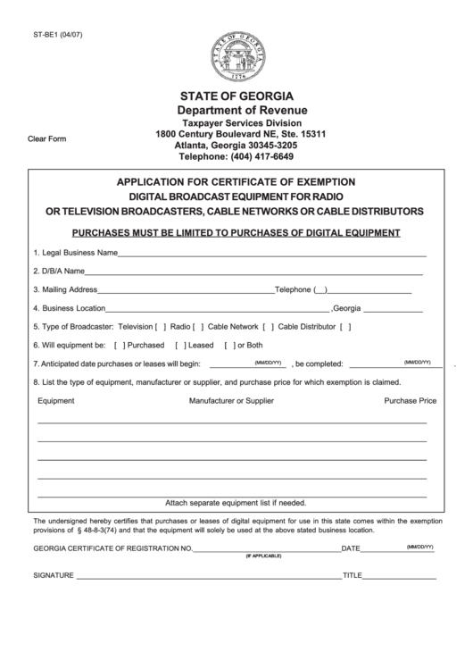 Fillable Form St-Be1 Application For Certificate Of Exemption Digital Broadcast Equipment For Radio Or Television Broadcasters, Cable Networks Or Cable Distributors Printable pdf