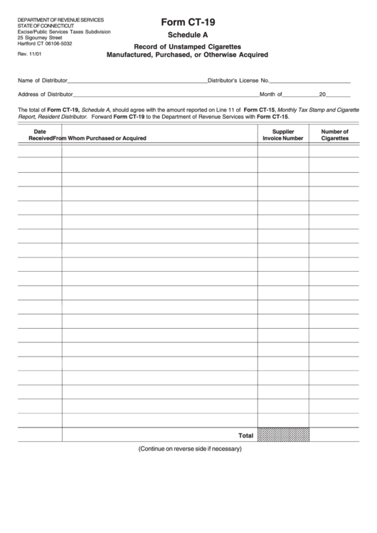 Form Ct-19 Schedule A - Record Of Unstamped Cigarettes Manufactured, Purchased, Or Otherwise Acquired Printable pdf