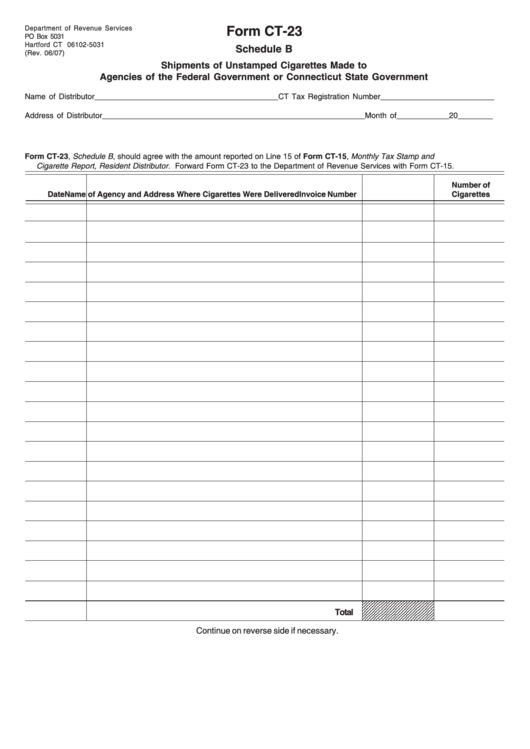 Form Ct-23 Schedule B - Shipments Of Unstamped Cigarettes Made To Agencies Of The Federal Government Or Connecticut State Government Printable pdf