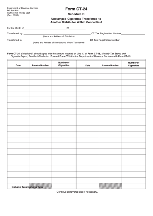 Form Ct-24 Schedule D - Unstamped Cigarettes Transferred To Another Distributor Within Connecticut Printable pdf