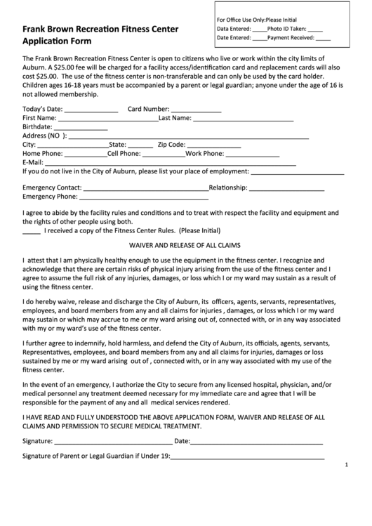 Recreation Fitness Center Application Form Printable pdf