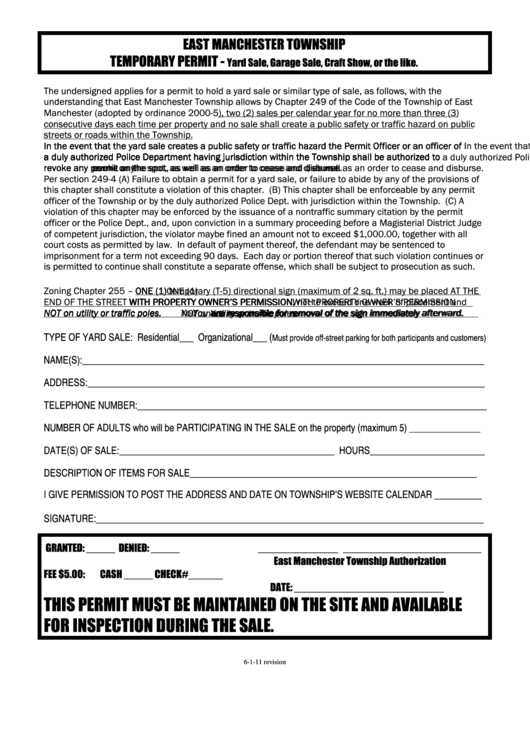 Temporary Permit - Yard Sale, Garage Sale, Craft Show, Or The Like Form - East Manchester Township Printable pdf