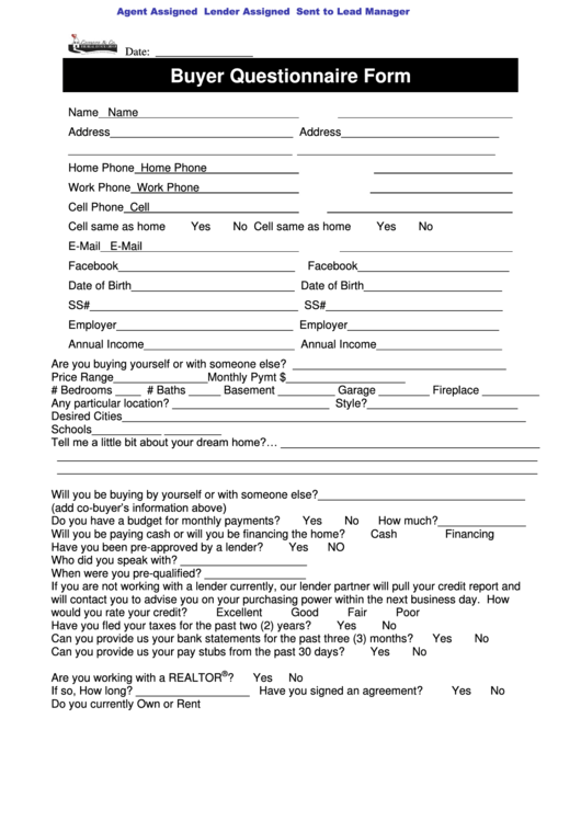 Fillable Buyer Questionnaire Form Printable pdf
