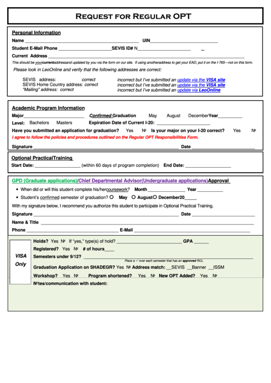 Request For Regular Opt, Regular Opt Responsibilities Form, Form I-765 Application For Employment Authorization