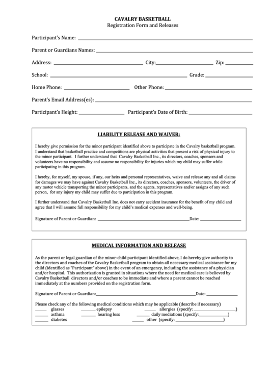 Basketball Registration Form And Releases Printable pdf