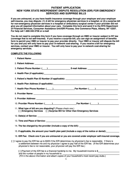 Patient Application Form - Nys Idr For Emergency Services And Surprise Bills - Nys Department Of Financial Services Printable pdf