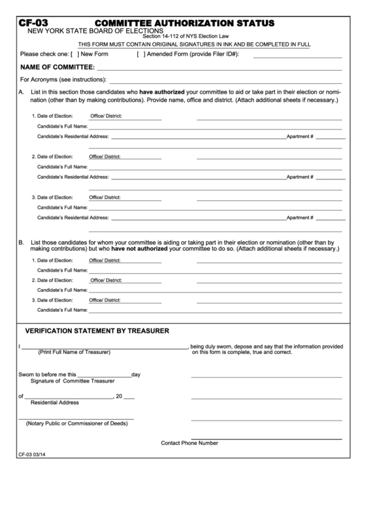 Form Cf-03 Committee Authorization Status - New York State Board Of Elections Printable pdf