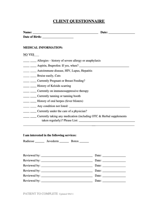 Fillable Client Medical Questionnaire Template Printable pdf