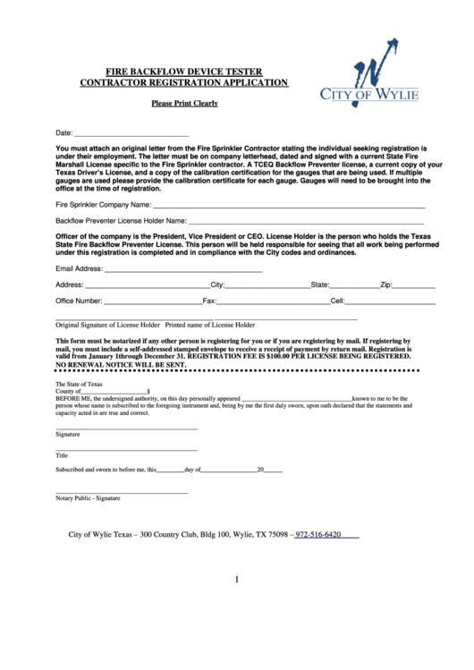 Fire Backflow Device Tester Contractor Registration Application - City Of Wylie Texas Printable pdf