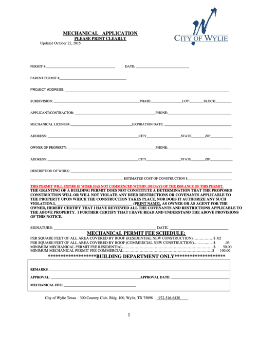Mechanical Permit Application Form - City Of Wylie Texas Printable pdf