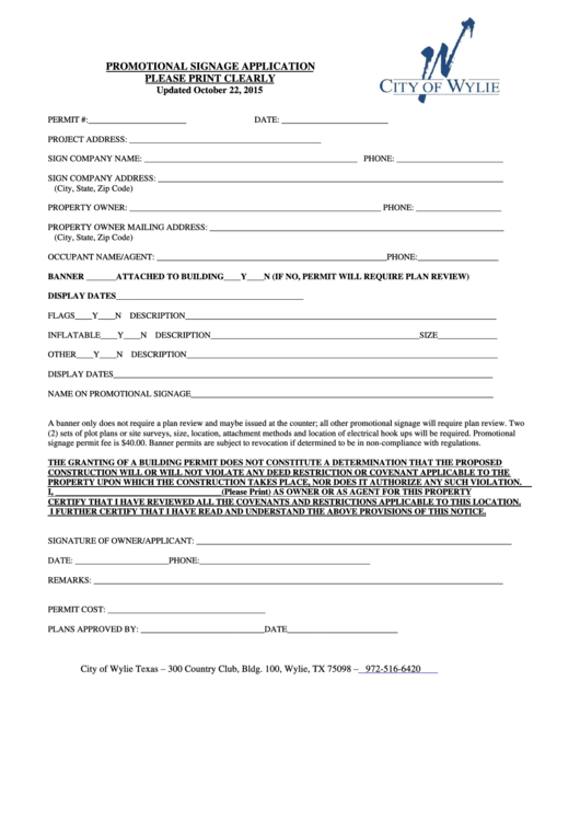 Promotional Signage Permit Application Form - City Of Wylie Texas Printable pdf