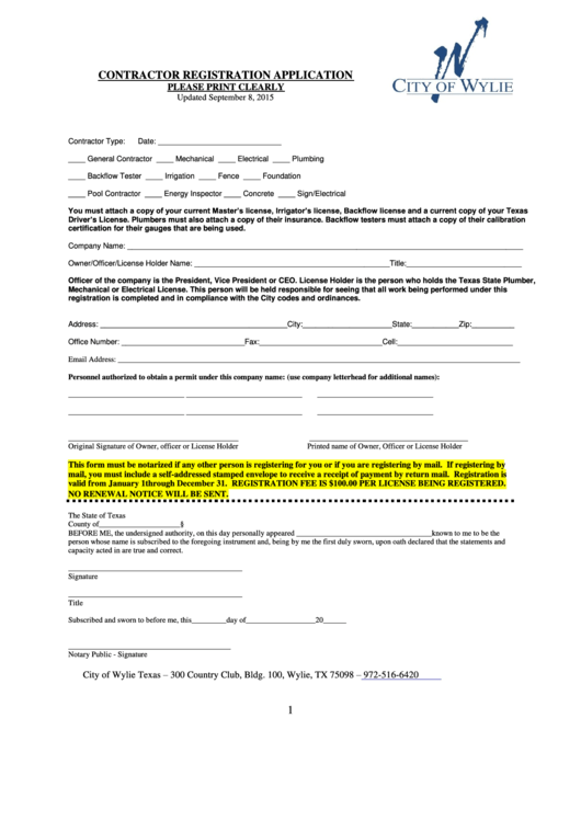 Contractor Registration Application Form - City Of Wylie Texas Printable pdf