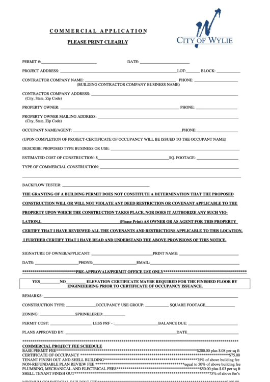 Commercial Building Application Form City Of Wylie Texas Printable pdf