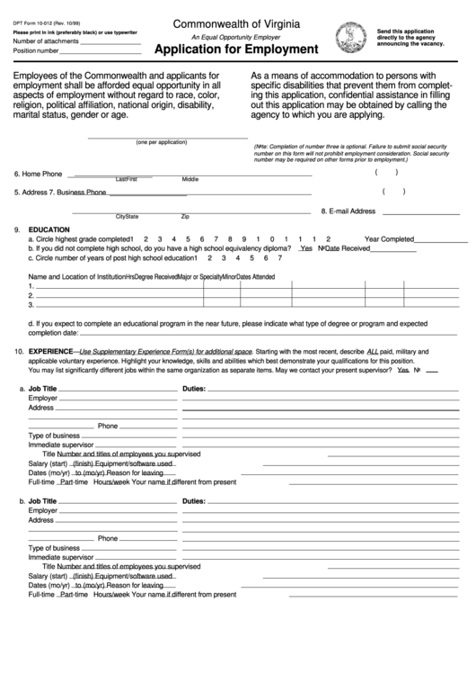 Fillable Dpt Form 10-012 Application For Employment Printable pdf