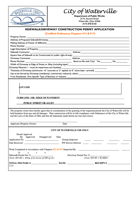 Fillable Sidewalk/driveway Construction Permit Application Form - City Of Waterville Printable pdf