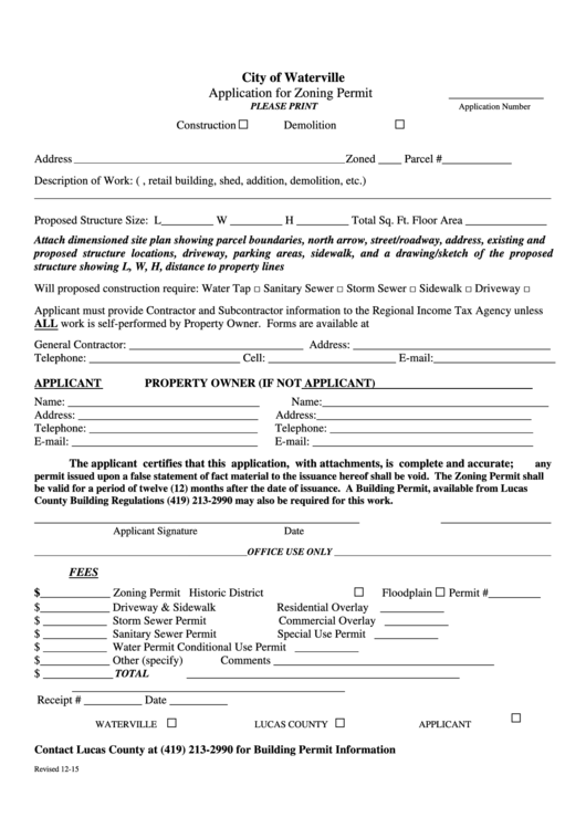 Fillable Zoning Permit Application Form - City Of Waterville Printable pdf