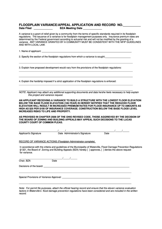 Floodplain Variance Appeal Form - Municipality Of Waterville Printable pdf