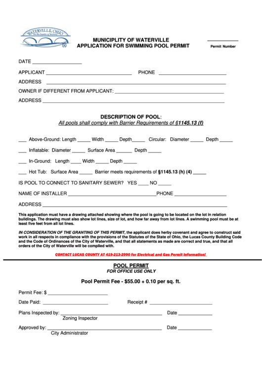 Swimming Pool Permit Form - Municiplity Of Waterville Printable pdf