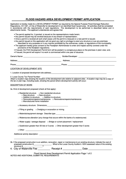 Fillable Flood Hazard Area Development Application Form - City Of Waterville Printable pdf