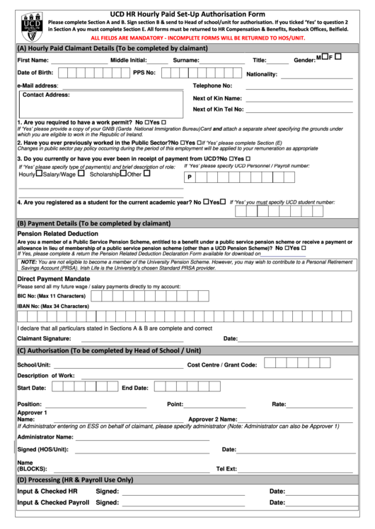 Hourly Paid Set-Up Authorisation Form Printable pdf