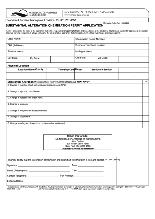 Form Ag01208 Substantial Alteration Chemigation Permit Application - Minnesota Department Of Agriculture Printable pdf