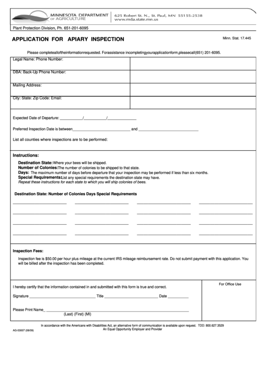 Form Ag-03007 Apiary Inspection Application - Minnesota Department Of Agriculture Printable pdf