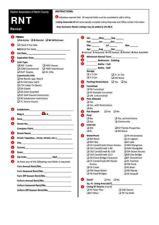 Rental Form - Realtor Association Of Martin County Printable pdf