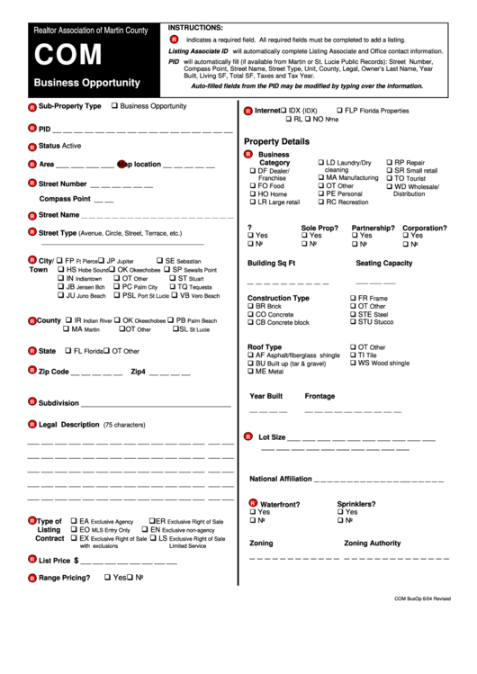Business Opportunity Form - Realtor Association Of Martin County Printable pdf