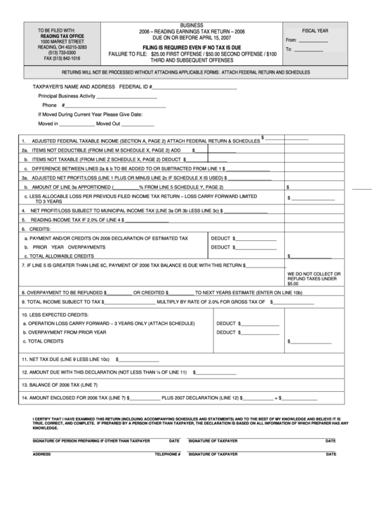 Reading Earnings Tax Return Form 2006 - Ohio Printable pdf